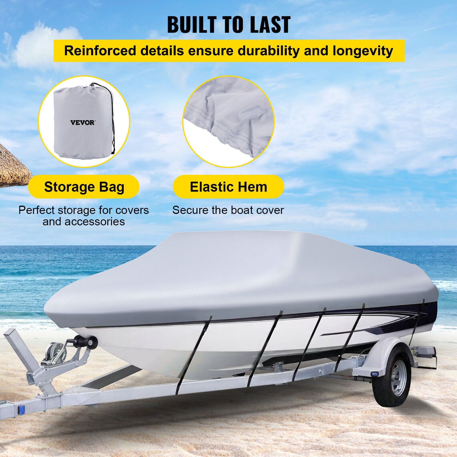 VEVOR Waterproof Boat Cover, 25'-28' Trailerable Boat Cover, Beam Width up to 118" v Hull Cover Heavy Duty 600D Marine Grade Polyester Mooring Cover for Fits V-Hull Boat with 5 Tightening Straps