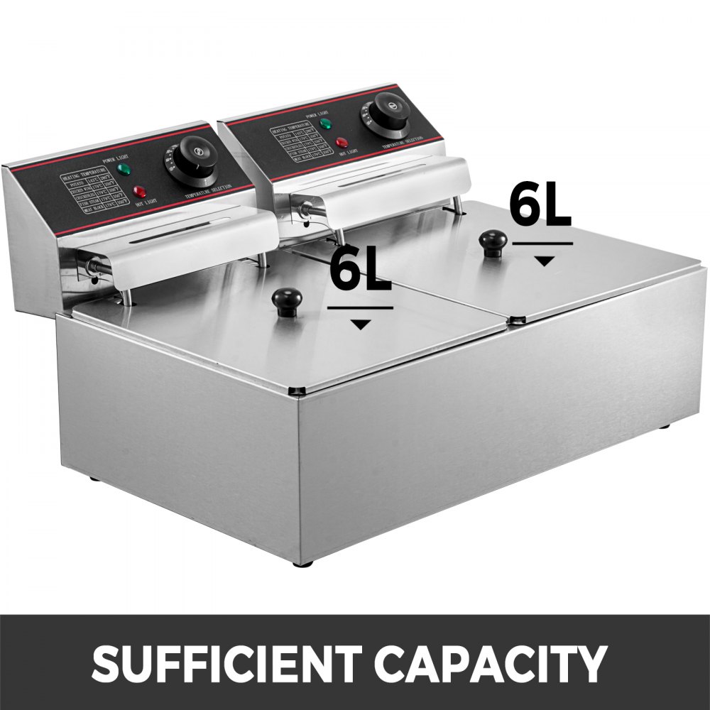 VEVOR Double Deep Fat Fryer Large 5000W Commercial Deep Fat Fryer Dual Adjustable Temperature Control Twin Chip Fryer Food Grade Stainless Steel Deep Fryer Easy Clean with Dual Basket & Lid