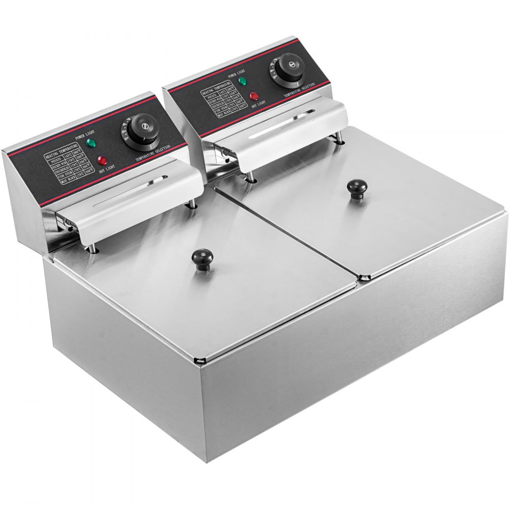 VEVOR Double Deep Fat Fryer Large 5000W Commercial Deep Fat Fryer Dual Adjustable Temperature Control Twin Chip Fryer Food Grade Stainless Steel Deep Fryer Easy Clean with Dual Basket & Lid