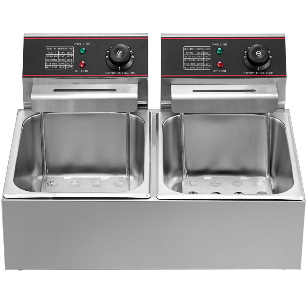 VEVOR Double Deep Fat Fryer Large 5000W Commercial Deep Fat Fryer Dual Adjustable Temperature Control Twin Chip Fryer Food Grade Stainless Steel Deep Fryer Easy Clean with Dual Basket & Lid