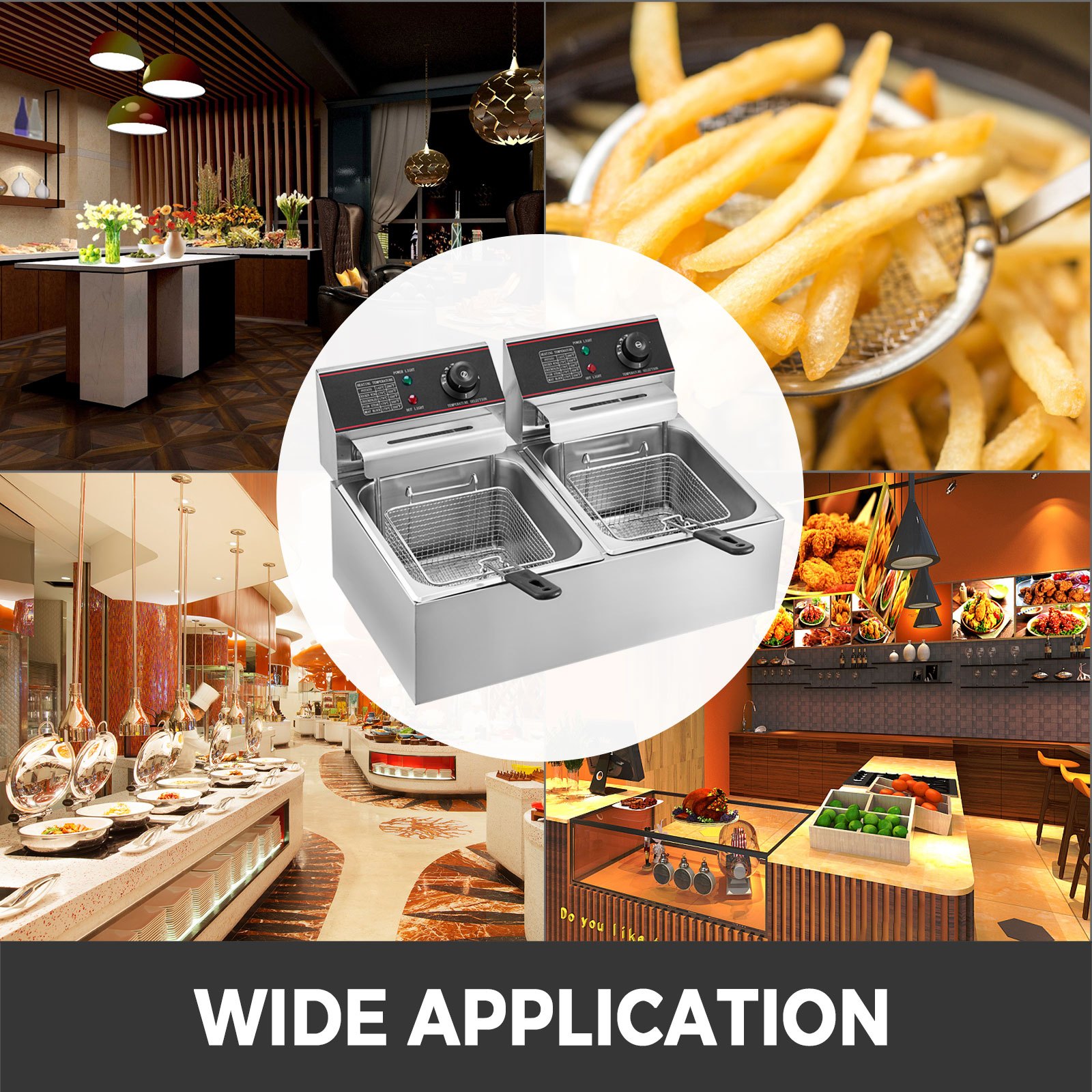 VEVOR Double Deep Fat Fryer Large 5000W Commercial Deep Fat Fryer Dual Adjustable Temperature Control Twin Chip Fryer Food Grade Stainless Steel Deep Fryer Easy Clean with Dual Basket & Lid
