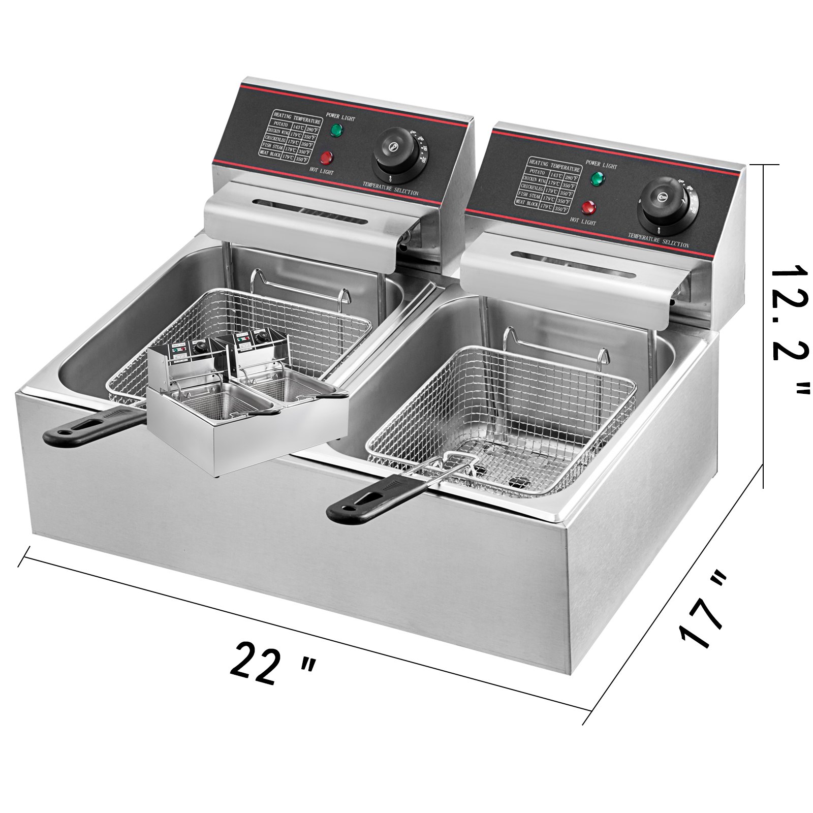 VEVOR Double Deep Fat Fryer Large 5000W Commercial Deep Fat Fryer Dual Adjustable Temperature Control Twin Chip Fryer Food Grade Stainless Steel Deep Fryer Easy Clean with Dual Basket & Lid