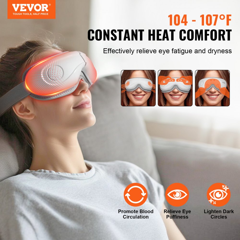 VEVOR Eye Massager with Heat, Heated Eye Massage Mask with 5 Modes and Bluetooth Music, 180° Foldable Eye Care Massager for Migraines, Eye Strain, Dark Circles, Ideal Gift for Mom/Dad, White