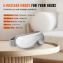 VEVOR heated eye massager with 5 massage modes on display, highlighting various combinations of air pressure, heat, vibration, and music.