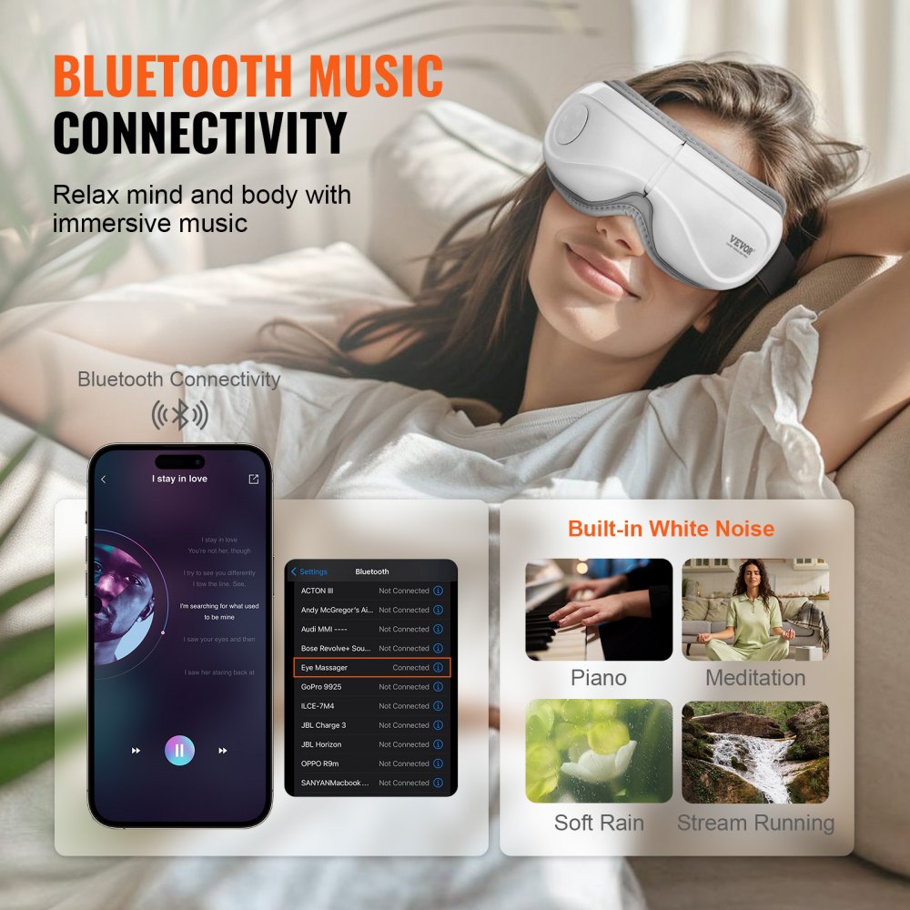 VEVOR Eye Massager with Heat & Remote, Heated Eye Massage Mask with 5 Modes and Bluetooth Music, 180° Foldable Eye Care Massager for Eye Strain, Dry Eyes, Dark Circles, Ideal Gift for Mom/Dad, Black