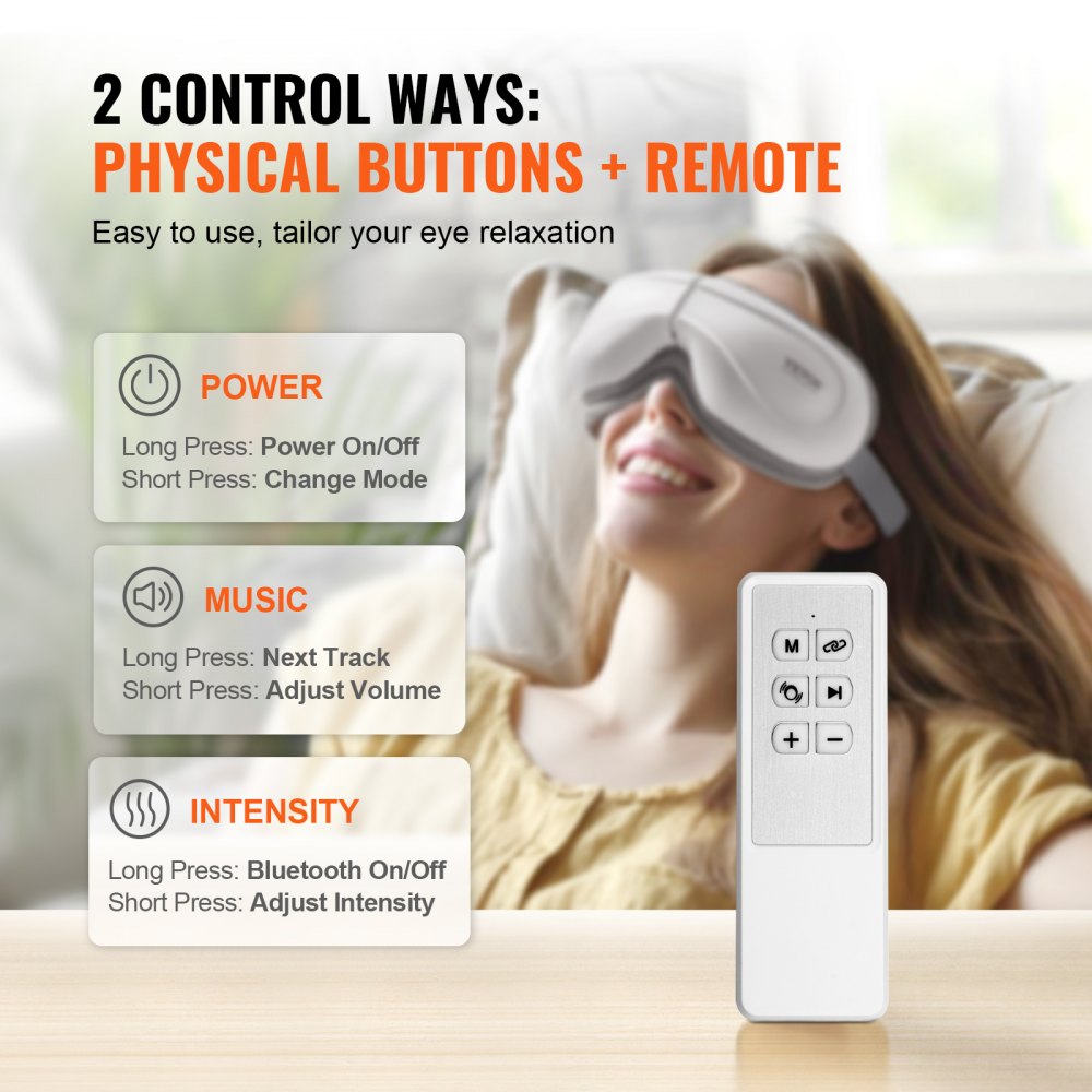 VEVOR Eye Massager with Heat & Remote, Heated Eye Massage Mask with 5 Modes and Bluetooth Music, 180° Foldable Eye Care Massager for Eye Strain, Dry Eyes, Dark Circles, Ideal Gift for Mom/Dad, Black