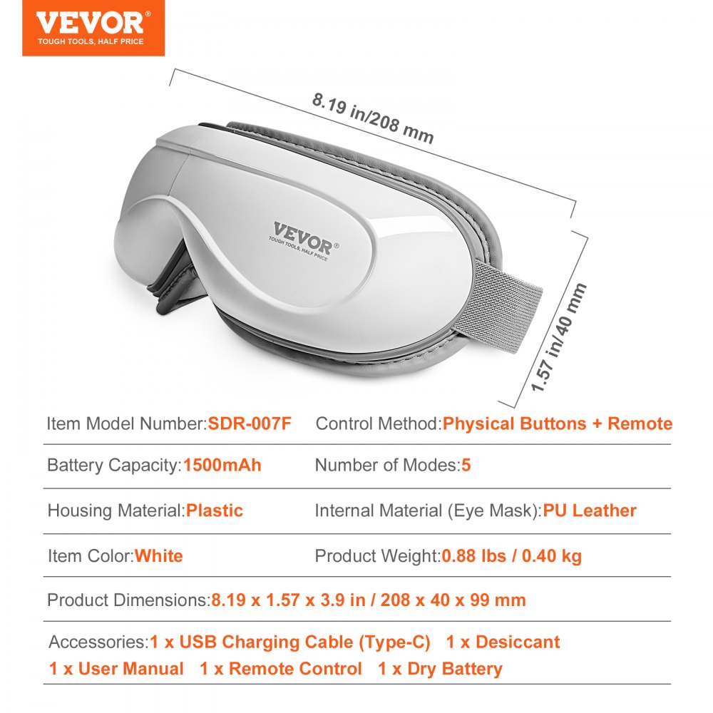 VEVOR Eye Massager with Heat & Remote, Heated Eye Massage Mask with 5 Modes and Bluetooth Music, 180° Foldable Eye Care Massager for Eye Strain, Dry Eyes, Dark Circles, Ideal Gift for Mom/Dad, Black