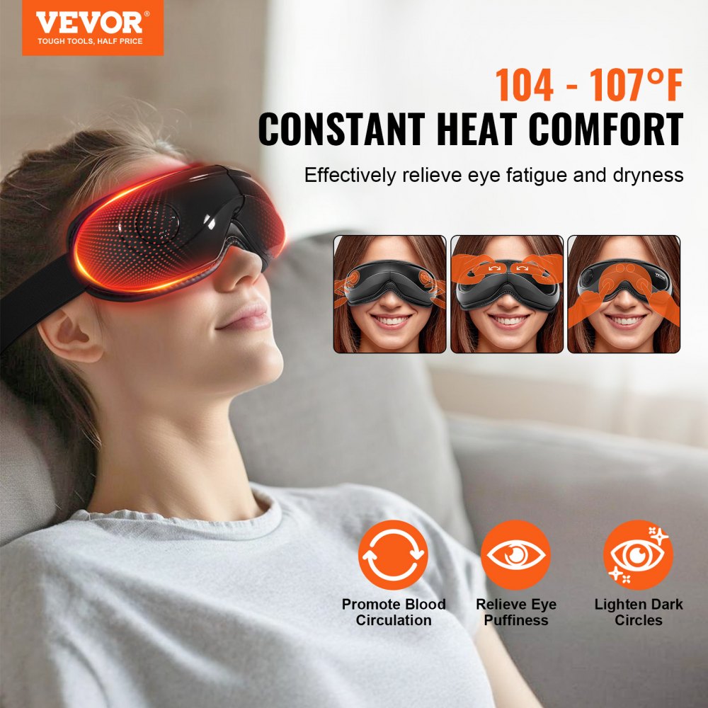 VEVOR Eye Massager with Heat & Remote, Heated Eye Massage Mask with 5 Modes and Bluetooth Music, 180° Foldable Eye Care Massager for Eye Strain, Dry Eyes, Dark Circles, Ideal Gift for Mom/Dad, Black