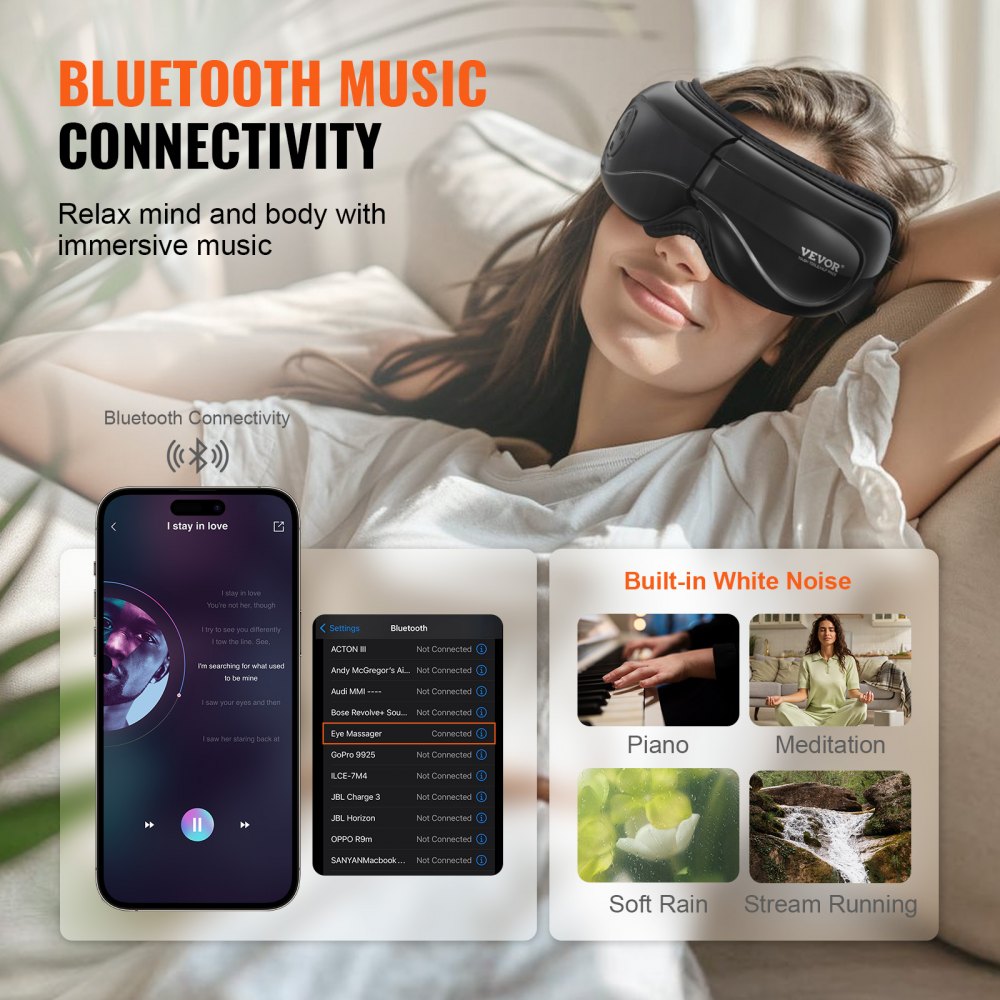 VEVOR Eye Massager with Heat & Remote, Heated Eye Massage Mask with 5 Modes and Bluetooth Music, 180° Foldable Eye Care Massager for Eye Strain, Dry Eyes, Dark Circles, Ideal Gift for Mom/Dad, Black
