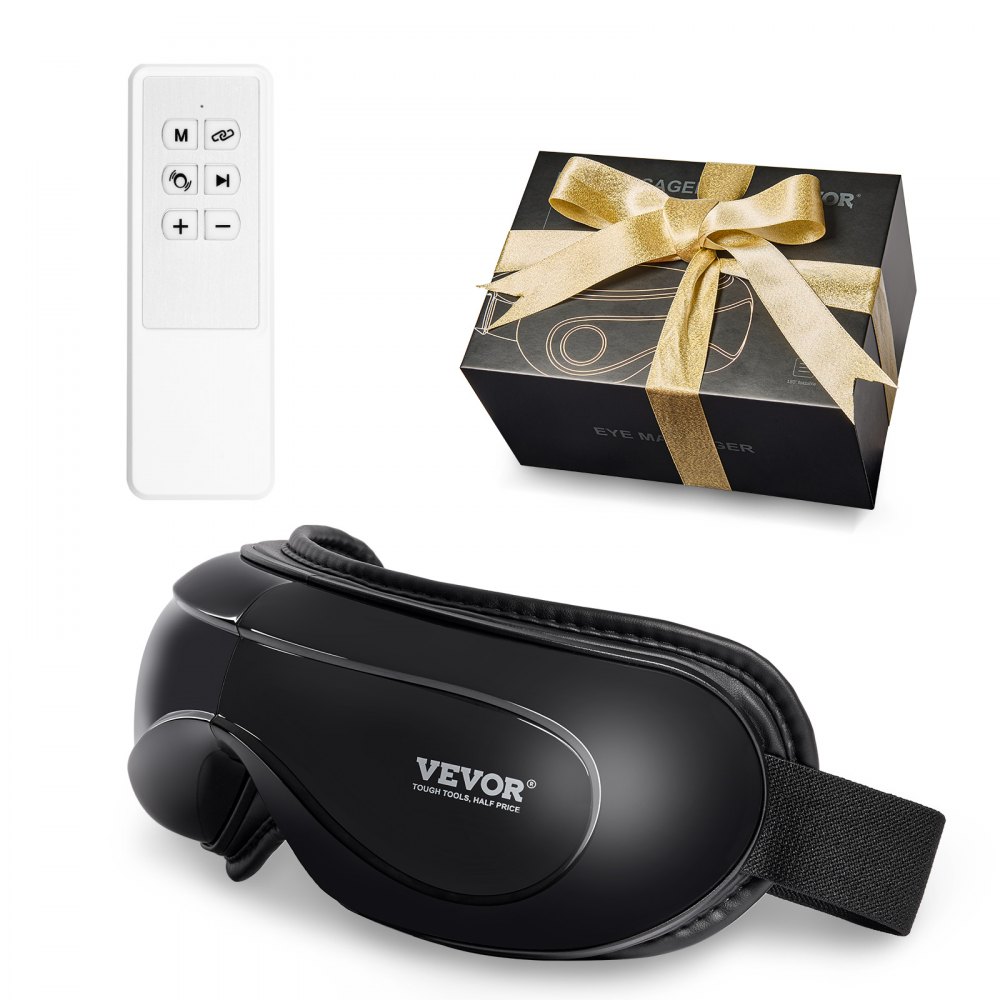 VEVOR eye massager with remote and gift box wrapped in a gold ribbon.