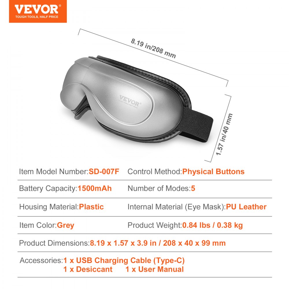 VEVOR Eye Massager with Heat, Heated Eye Massage Mask with 5 Modes and Bluetooth Music, 180° Foldable Eye Care Massager for Migraines, Eye Strain, Dark Circles, Ideal Gift for Mom/Dad, Gray