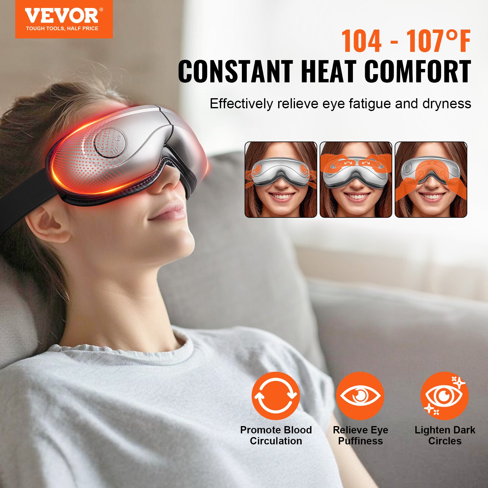 VEVOR Eye Massager with Heat, Heated Eye Massage Mask with 5 Modes and Bluetooth Music, 180° Foldable Eye Care Massager for Migraines, Eye Strain, Dark Circles, Ideal Gift for Mom/Dad, Gray