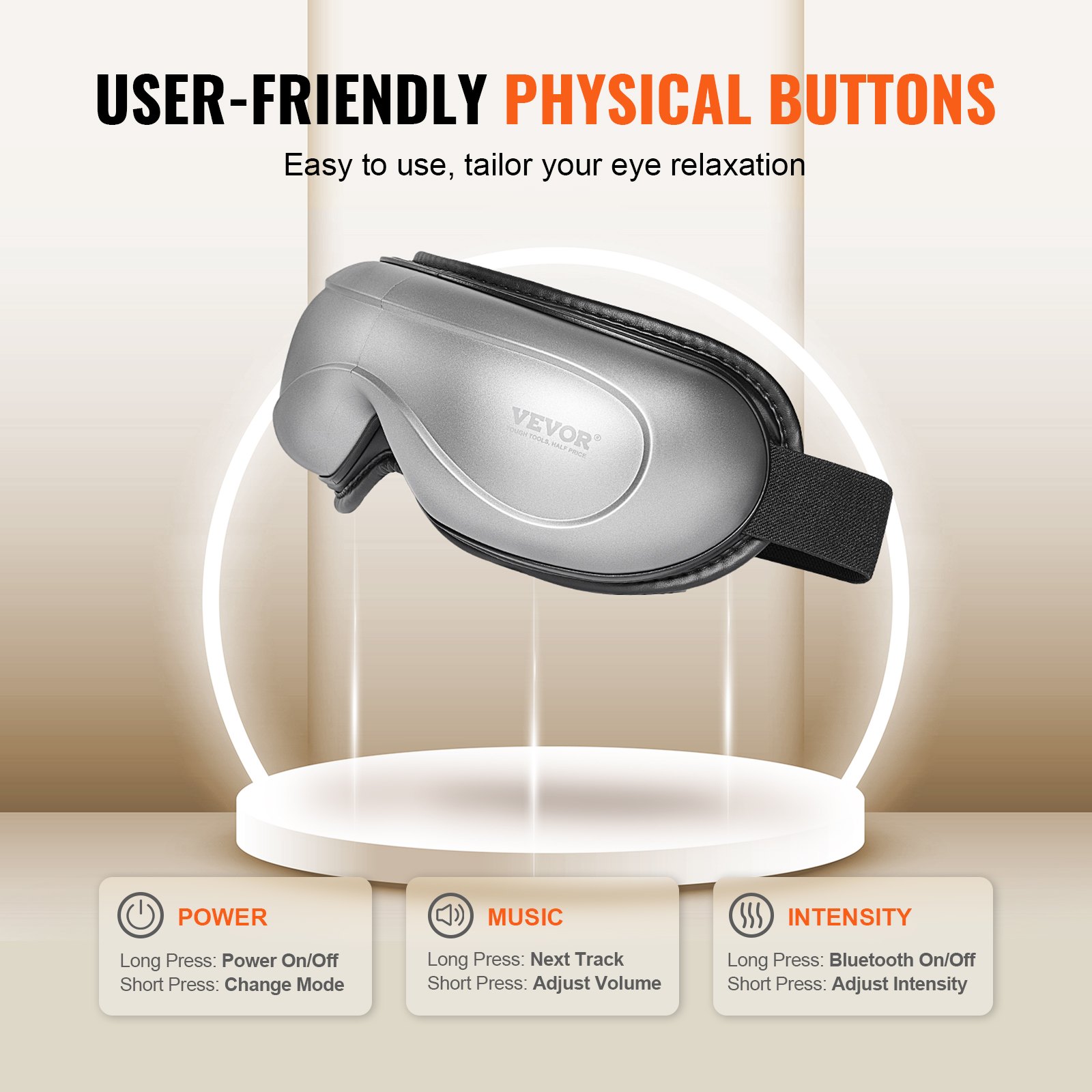 VEVOR Eye Massager with Heat, Heated Eye Massage Mask with 5 Modes and Bluetooth Music, 180° Foldable Eye Care Massager for Migraines, Eye Strain, Dark Circles, Ideal Gift for Mom/Dad, Gray