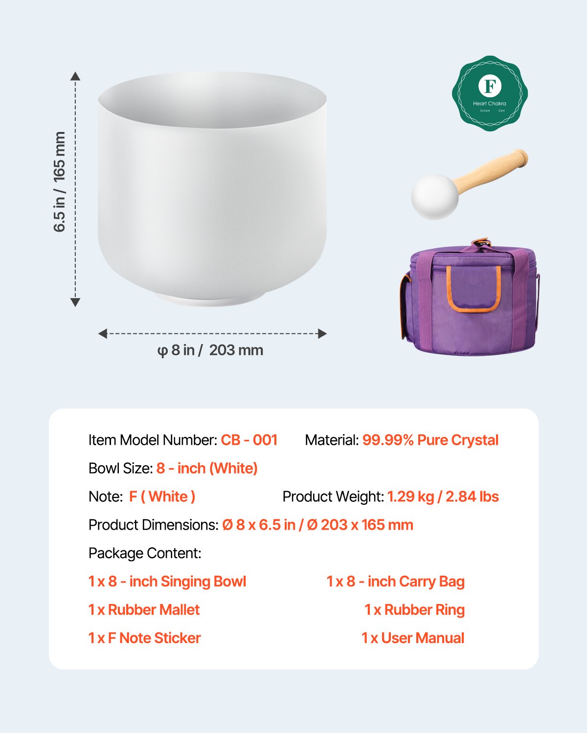 VEVOR Crystal Singing Bowl, 8-inch F Note Heart Chakra Singing Bowl, Portable Frosted Quartz Singing Bowl with Rubber Mallet, O-Ring and 8" Carrying Bag, Perfect for Meditation Yoga Sound Healing Bath