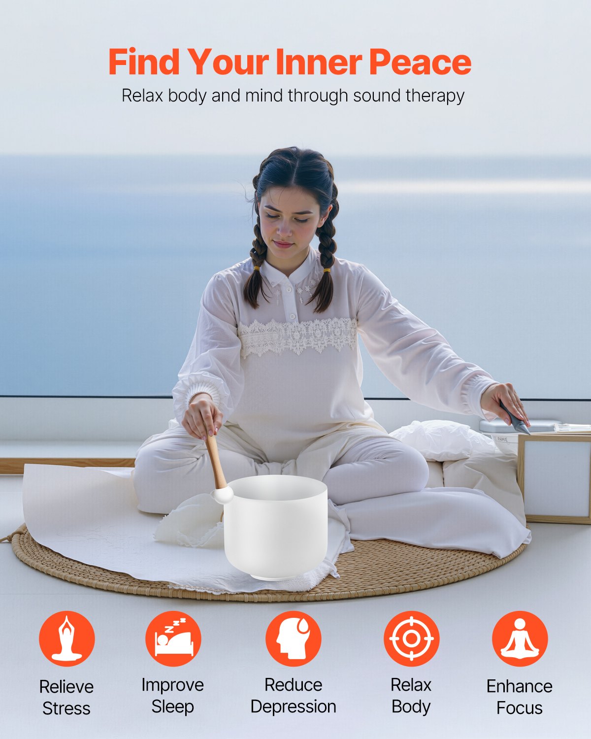 VEVOR Crystal Singing Bowl, 8-inch F Note Heart Chakra Singing Bowl, Frosted Quartz Singing Bowl with Rubber Mallet and O-Ring, Perfect for Meditation, Yoga, Sound Baths, Sound Healing