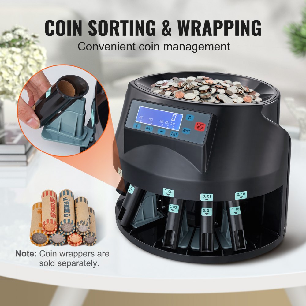 VEVOR USD Coin Counter & Coin Sorters with LCD Display, Coin Sorter Machine for USD Coin 1￠ 5￠ 10￠ 25￠ $1, Sorts up to 300 Coins/min, Change Counter Holds 2000 Coins Included 5 Coin Bins & 5 Tubes
