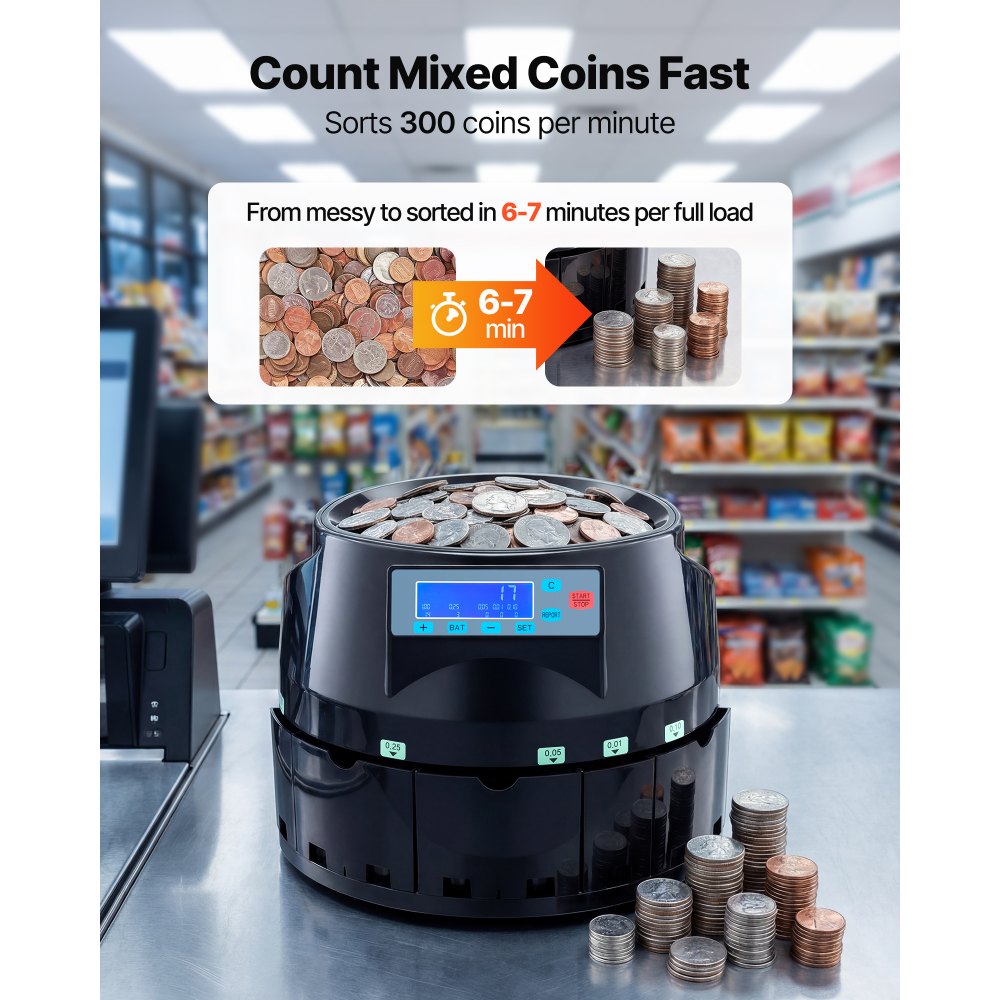VEVOR USD Coin Counter & Coin Sorters with LCD Display, Coin Sorter Machine for USD Coin 1￠ 5￠ 10￠ 25￠ $1, Sorts up to 300 Coins/min, Change Counter Holds 2000 Coins Included 5 Coin Bins & 5 Tubes
