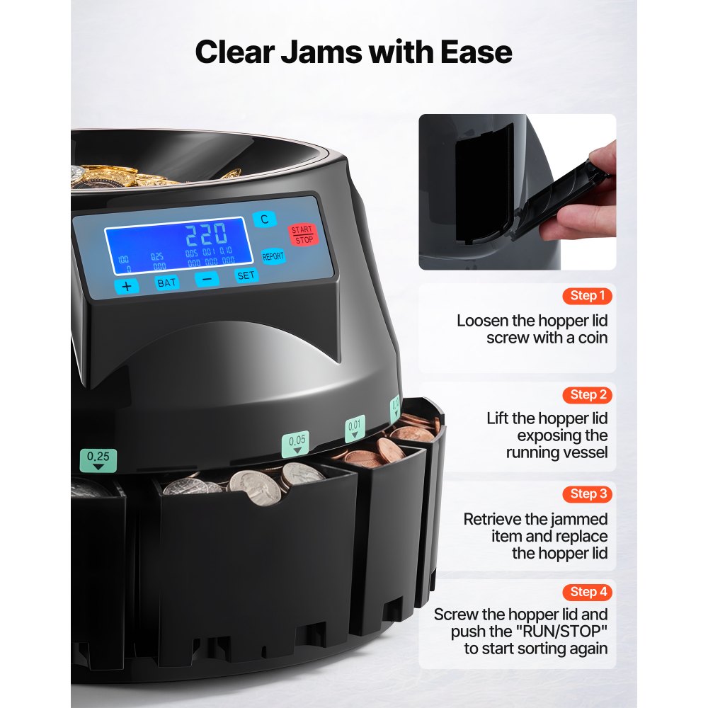 VEVOR USD Coin Counter & Coin Sorters with LCD Display, Coin Sorter Machine for USD Coin 1￠ 5￠ 10￠ 25￠ $1, Sorts up to 300 Coins/min, Change Counter Holds 2000 Coins Included 5 Coin Bins & 5 Tubes