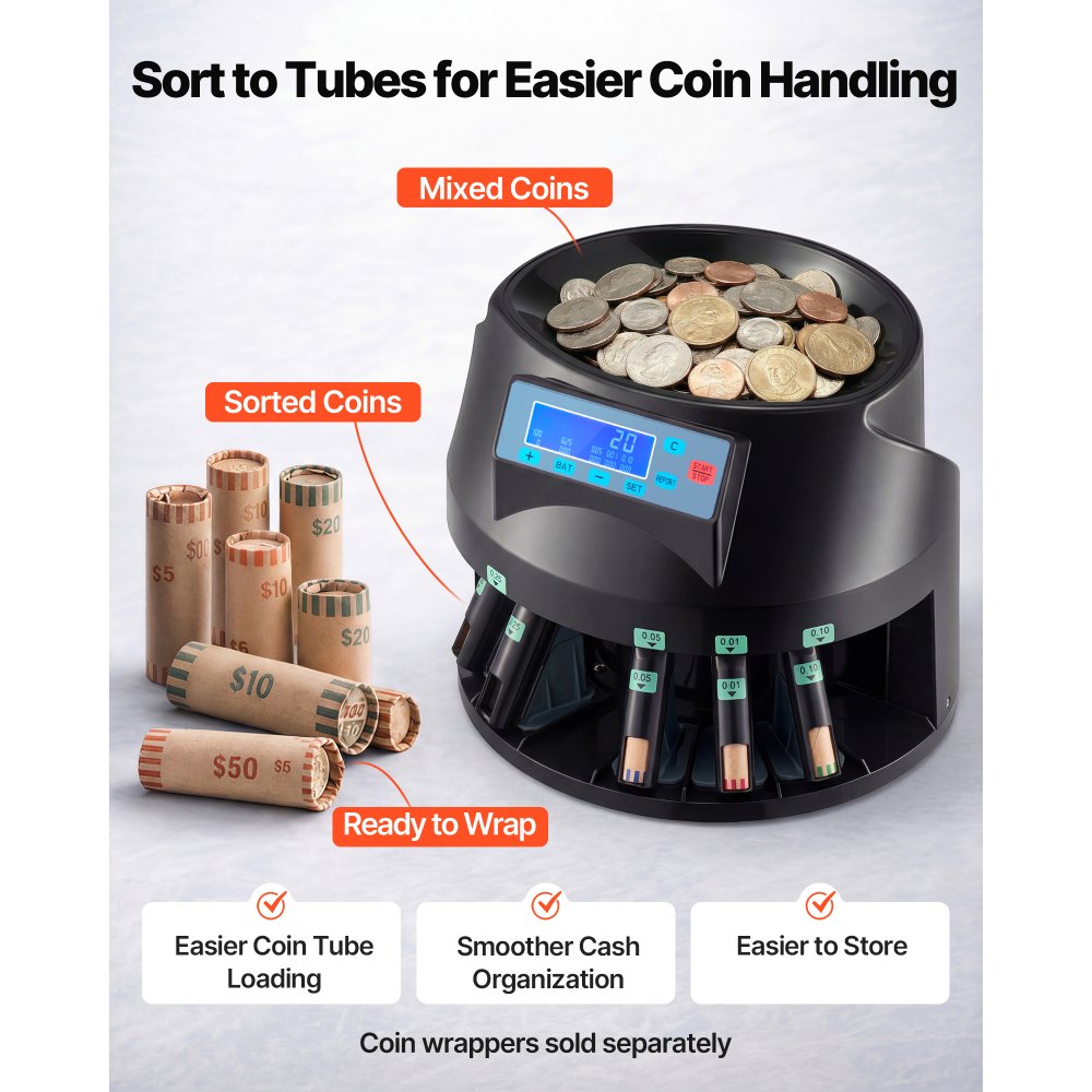 VEVOR USD Coin Counter & Coin Sorters with LCD Display, Coin Sorter Machine for USD Coin 1￠ 5￠ 10￠ 25￠ $1, Sorts up to 300 Coins/min, Change Counter Holds 2000 Coins Included 5 Coin Bins & 5 Tubes