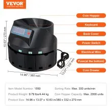 VEVOR USD Coin Sorter Coin Counter Wrapper and Roller 300 Coins/min LCD Display