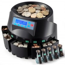 VEVOR USD Contador y clasificador de monedas con pantalla LCD, máquina clasificadora de monedas para USD de 1, 5, 10 y 25 $, clasifica hasta 300 monedas por minuto, contador de cambio con capacidad para 2000 monedas, incluye 5 compartimentos y 5 tubos.