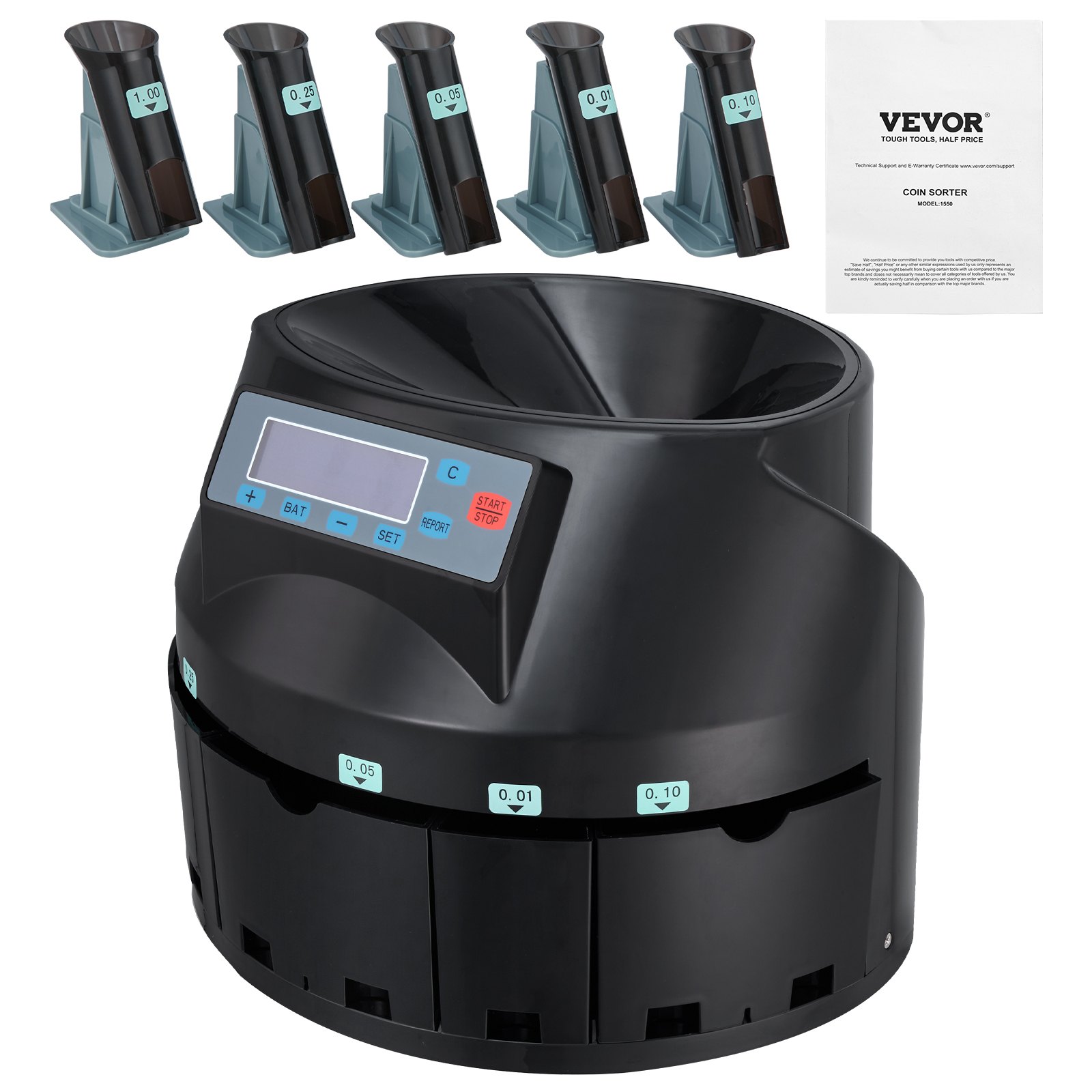 VEVOR USD Coin Counter & Coin Sorters with LCD Display, Coin Sorter Machine for USD Coin 1￠ 5￠ 10￠ 25￠ $1, Sorts up to 300 Coins/min, Change Counter Holds 2000 Coins Included 5 Coin Bins & 5 Tubes