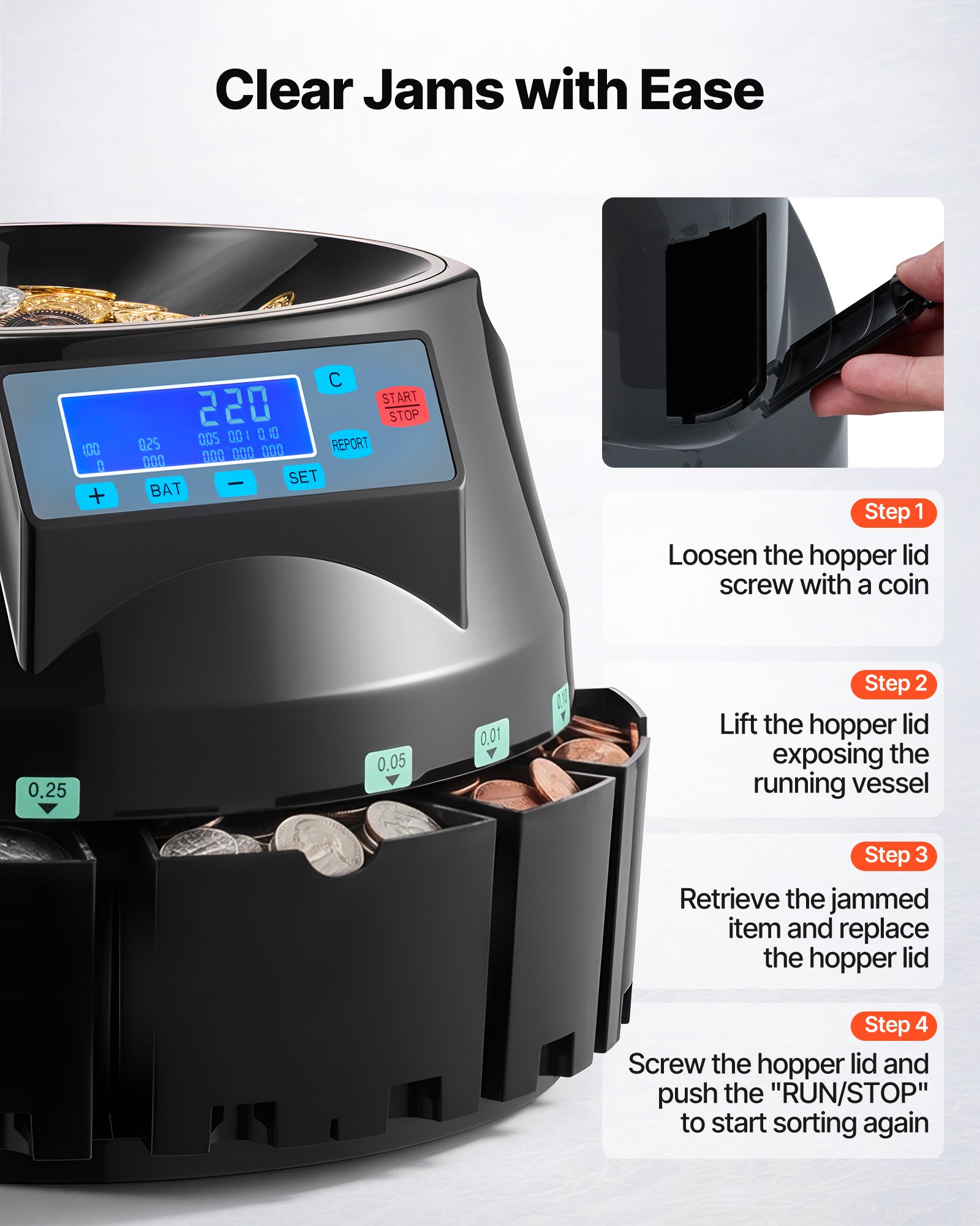 VEVOR USD Coin Counter & Coin Sorters with LCD Display, Coin Sorter Machine for USD Coin 1￠ 5￠ 10￠ 25￠ $1, Sorts up to 300 Coins/min, Change Counter Holds 2000 Coins Included 5 Coin Bins & 5 Tubes