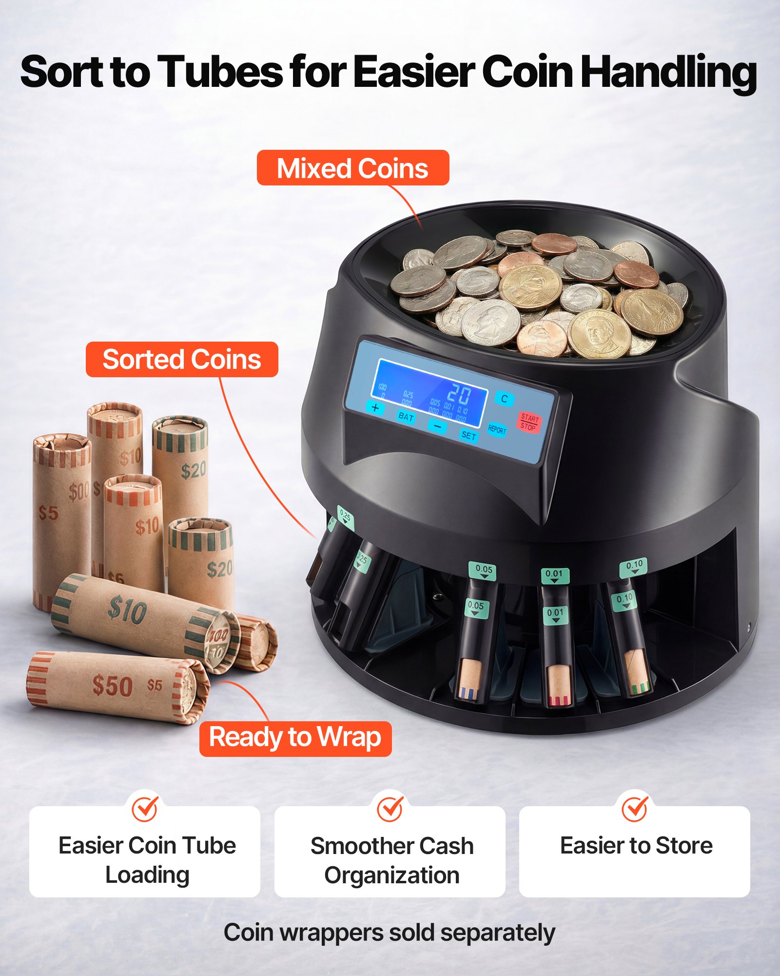 VEVOR USD Coin Counter & Coin Sorters with LCD Display, Coin Sorter Machine for USD Coin 1￠ 5￠ 10￠ 25￠ $1, Sorts up to 300 Coins/min, Change Counter Holds 2000 Coins Included 5 Coin Bins & 5 Tubes