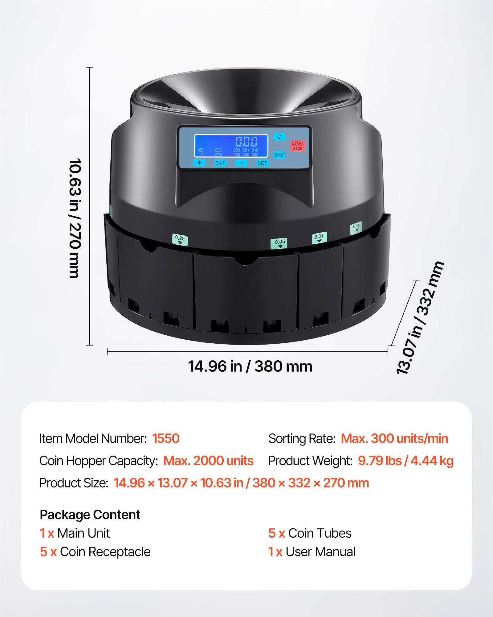 VEVOR USD Coin Counter & Coin Sorters with LCD Display, Coin Sorter Machine for USD Coin 1￠ 5￠ 10￠ 25￠ $1, Sorts up to 300 Coins/min, Change Counter Holds 2000 Coins Included 5 Coin Bins & 5 Tubes