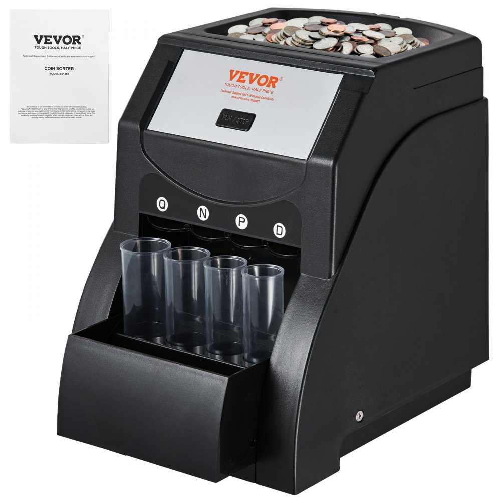 VEVOR USD Coin Sorter, Coin Sorter Machine for USD Coin 1￠ 5￠ 10￠ 25￠ , Sorts up to 230 Coins/min, Coin Sorter and Wrapper Machine Holds 200 Coins Included 4 Coin Tubes, Black