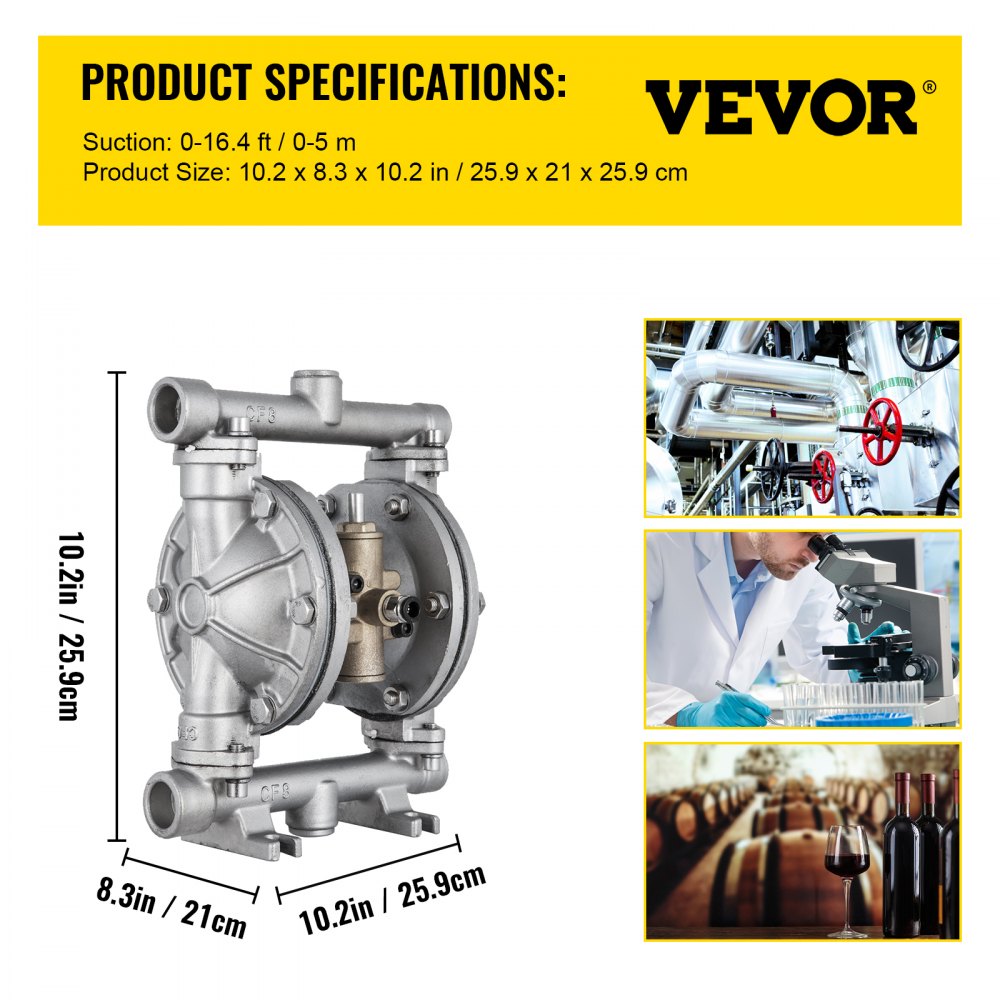 Vzduchem ovládané dvojité membránové čerpadlo VEVOR, 1/2 in vstup a výstup, tělo z nerezové oceli, 3 GPM & Max 90PSI, PTFE membránové pneumatické čerpadlo pro ropu, naftu, olej a kapaliny s nízkou viskozitou