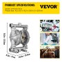 VEVOR Air-Operated Double Diaphragm Pump, 1/2 in Inlet & Outlet, Stainless Steel Body, 8.8 GPM & Max 120PSI, PTFE Diaphragm Pneumatic Transfer Pump for Petroleum, Diesel, Oil & Low Viscosity Fluids