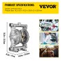 VEVOR Air-Operated Double Diaphragm Pump, Inlet & Outlet, Stainless Steel Body, 11.4L/min(3GPM), PTFE Diaphragm Pneumatic Transfer Pump for Petroleum, Diesel, Oil & Low Viscosity Fluids