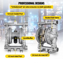 VEVOR Air-Operated Double Diaphragm Pump, 1/2 in Inlet & Outlet, Stainless Steel Body, 3 GPM & Max 90PSI, PTFE Diaphragm Pneumatic Transfer Pump for Petroleum, Diesel, Oil & Low Viscosity Fluids