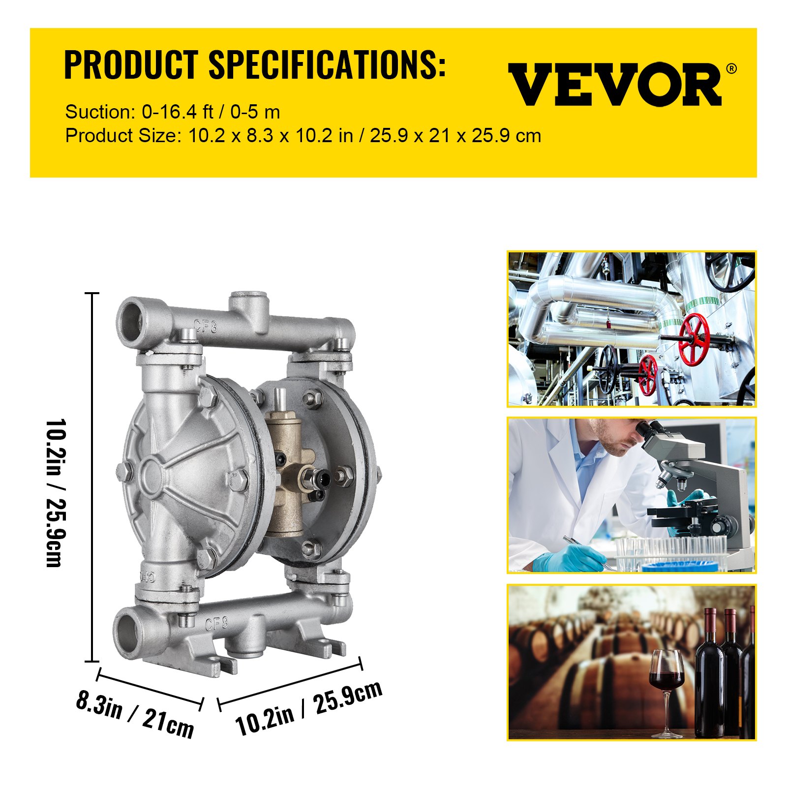 Vzduchem ovládané dvojité membránové čerpadlo VEVOR, 1/2 in vstup a výstup, tělo z nerezové oceli, 3 GPM & Max 90PSI, PTFE membránové pneumatické čerpadlo pro ropu, naftu, olej a kapaliny s nízkou viskozitou