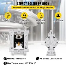 VEVOR Air-Operated Double Diaphragm Pump, 1/2 in Inlet & Outlet, Polypropylene Body, 2.5 GPM & Max 80PSI, PTFE Diaphragm Pneumatic Transfer Pump for Petroleum, Diesel, Oil & Low Viscosity Fluids