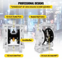 VEVOR Air-Operated Double Diaphragm Pump, 1/2 in Inlet & Outlet, Polypropylene Body, 2.5 GPM & Max 80PSI, PTFE Diaphragm Pneumatic Transfer Pump for Petroleum, Diesel, Oil & Low Viscosity Fluids
