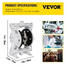 VEVOR Air-Operated Double Diaphragm Pump, 1/2 in Inlet & Outlet, Polypropylene Body, 2.5 GPM & Max 80PSI, PTFE Diaphragm Pneumatic Transfer Pump for Petroleum, Diesel, Oil & Low Viscosity Fluids