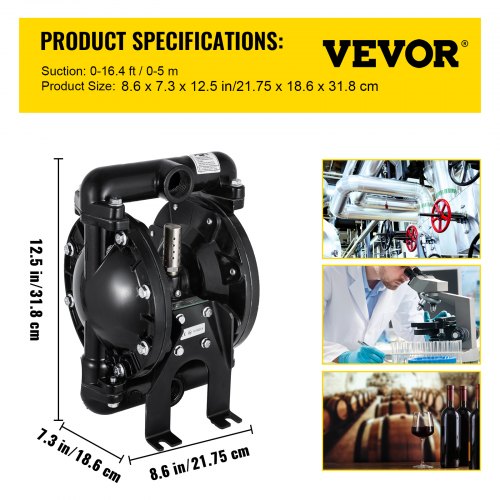 VEVOR Air-Operated Double Diaphragm Pump 1 inch Inlet Outlet Aluminum 35 GPM Max 120PSI for Chemical Industrial Use(QBY4-25L-1inch-35)