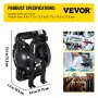 VEVOR Air-Operated Double Diaphragm Pump 1 inch Inlet Outlet Aluminum 35 GPM Max 120PSI, Nitrile Diaphragm, QBY4-25L-1inch-35
