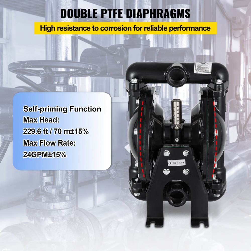 VEVOR diaphragm pump with double ptfe diaphragms, max head 70m, max flow rate 24gpm.