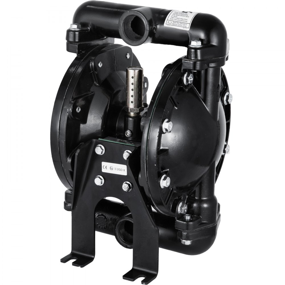 black VEVOR diaphragm pump with dual chambers and metal fittings.
