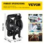VEVOR Air-Operated Double Diaphragm Pump 1 inch Inlet Outlet Aluminum 24 GPM Max 120PSI for Industrial Use