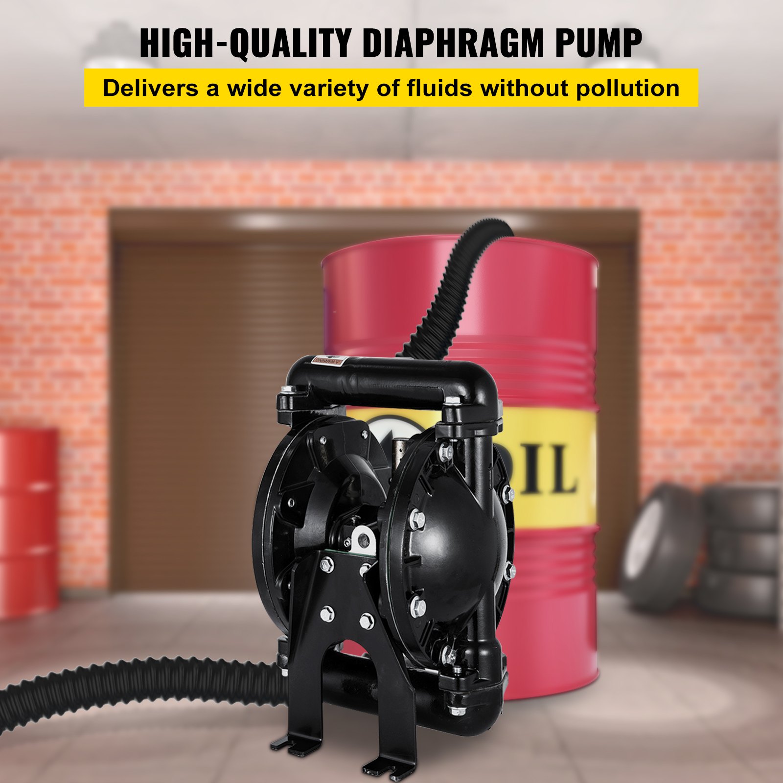 VEVOR diaphragm pump with oil drum in industrial setting.