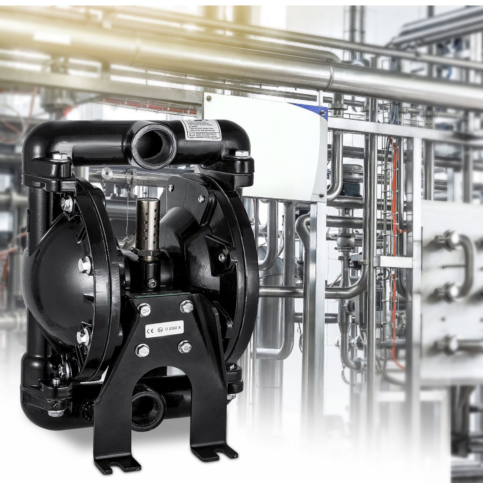 black VEVOR diaphragm pump in an industrial setting with stainless steel pipes.