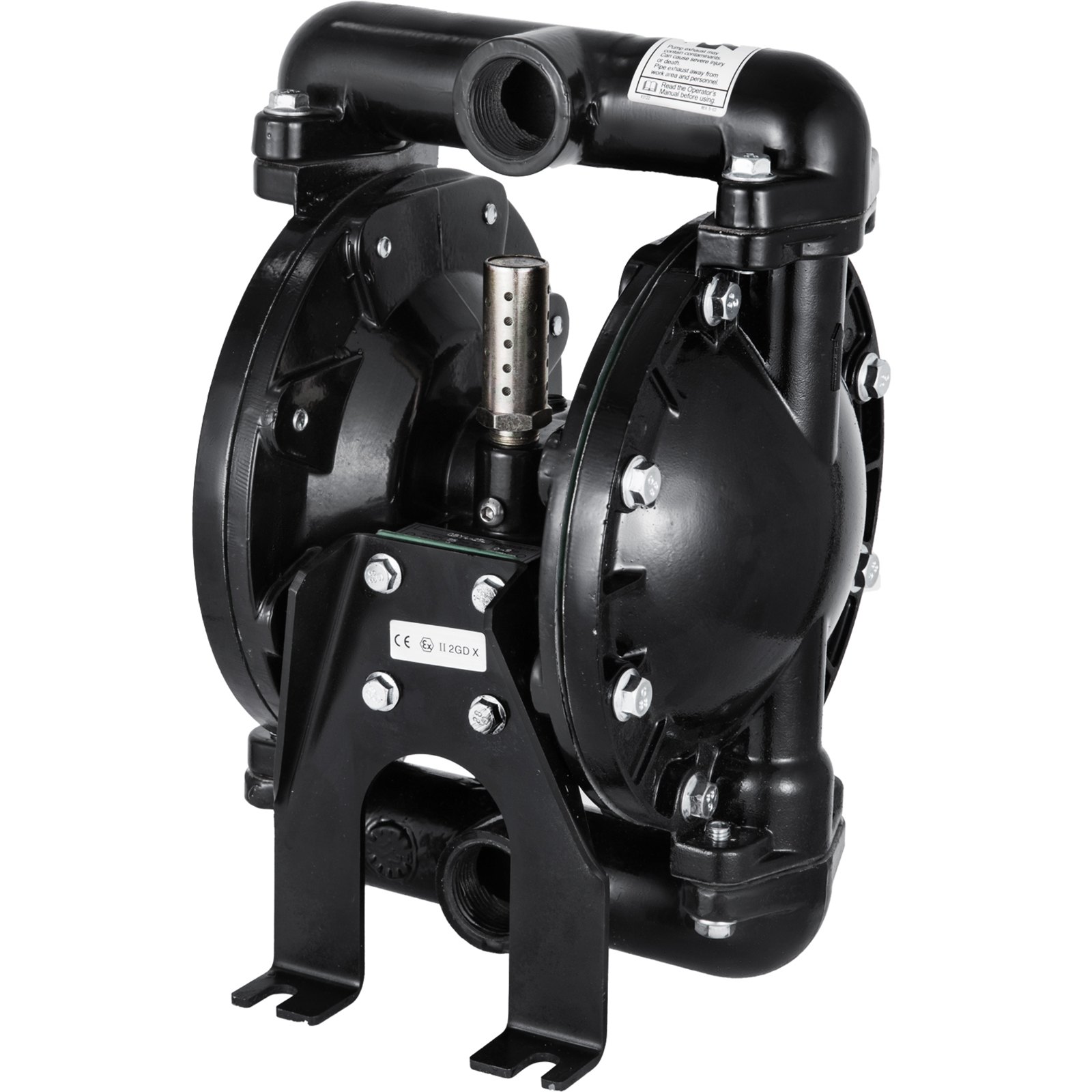black VEVOR diaphragm pump with dual chambers and metal fittings.