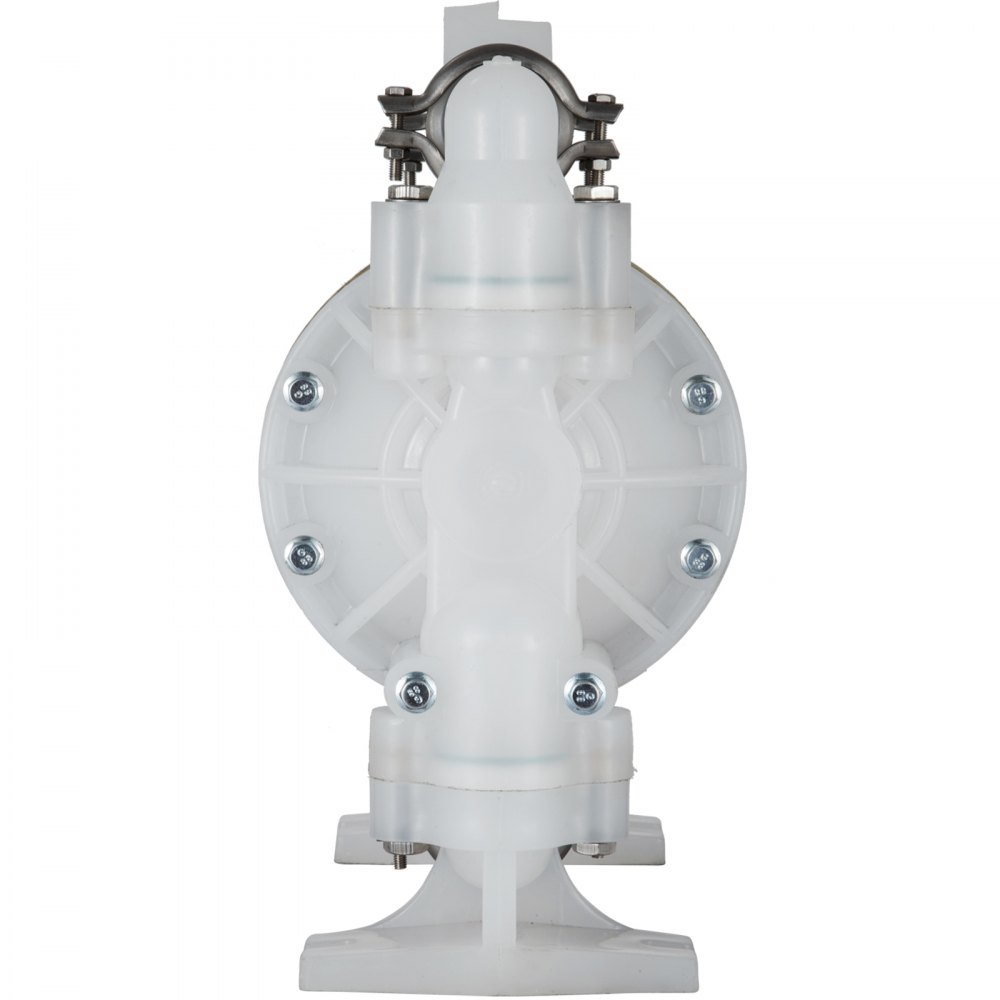 VEVOR air-operated double diaphragm pump in white plastic with metal bolts.