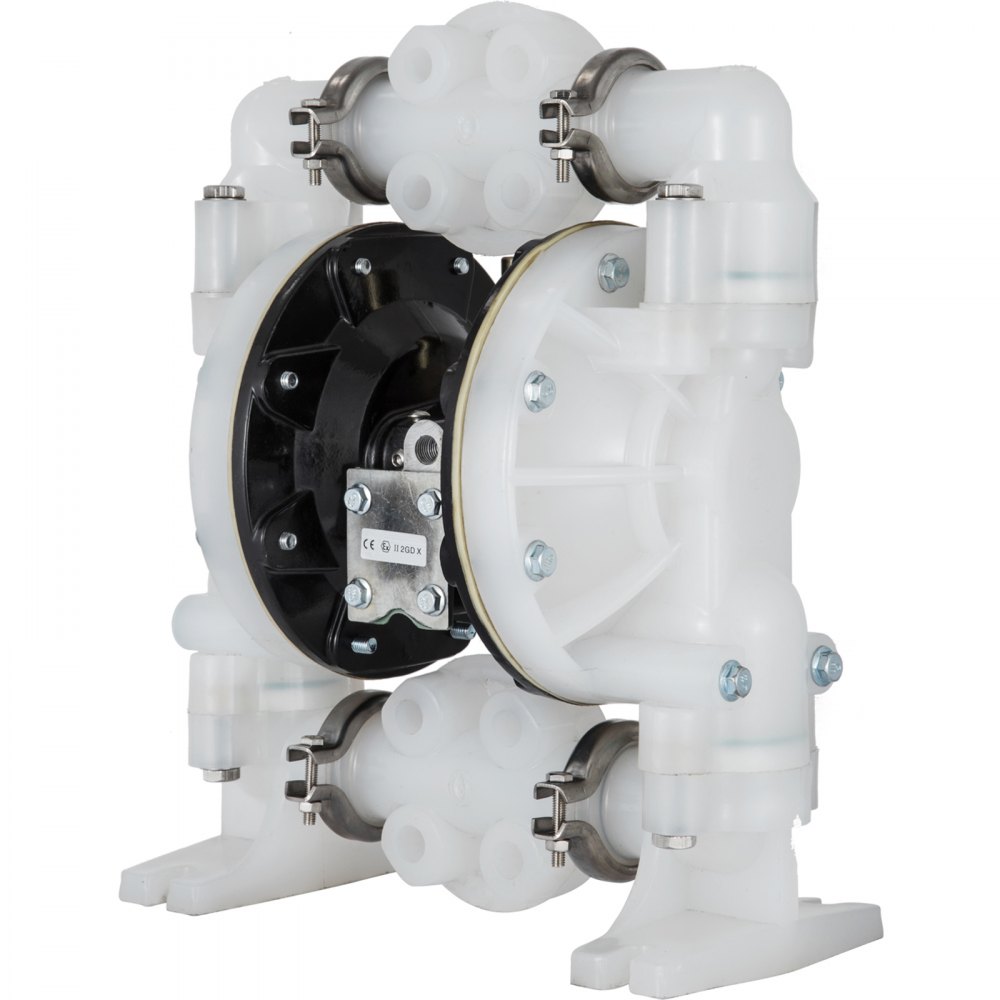white and black VEVOR air-operated double diaphragm pump with metal clamps.
