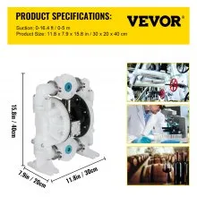 VEVOR Air-Operated Double Diaphragm Pump 1 inch Inlet/Outlet 30GPM Polypropylene Max 120PSI for Chemical and Industrial Use
