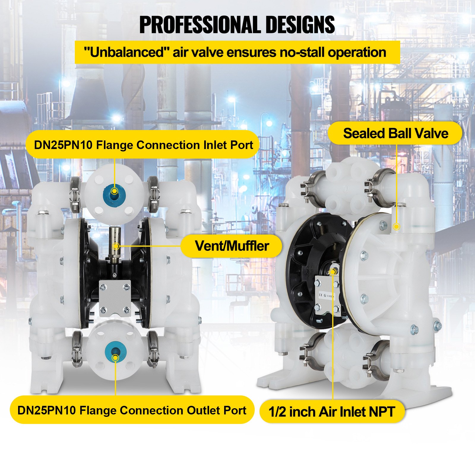 VEVOR air-operated double diaphragm pump with 1 inch port, sealed ball valve, vent/muffler.